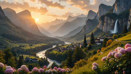 Mountain valley showcases a winding river and distant waterfall under a warm sunset light illuminating the quaint village nestled among green meadows and lush forests.の素材