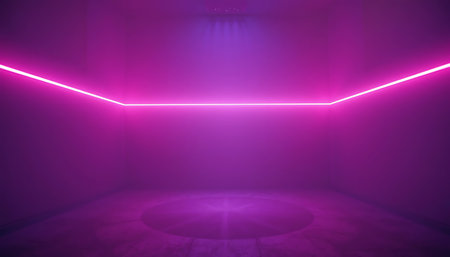Neon lights illuminate empty room with purple and magenta hues creating a futuristic and modern space perfect for showcasing products or creating an abstract background.の素材