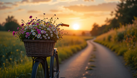 Bicycle carries a basket overflowing with colorful daisies and wildflowers along a winding path at sunset creating a peaceful rural scene evoking feelings of freedom and tranquilitの素材