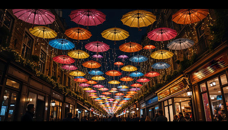 Colorful umbrellas create a festive canopy over a European street at night timeの素材