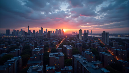 Stunning cityscape view at sunset with dramatic clouds over urban buildingsの素材