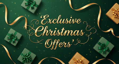 Exclusive christmas offers with gifts and gold ribbons on a festive green backgroundの素材