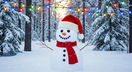 Festive snowman wearing santa hat in snowy winter forest with christmas lightsの素材