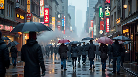 People with umbrellas walk down a rainy city street with bright neon signsの素材