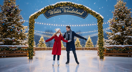 Couple enjoys ice skating in a winter wonderland with christmas trees and lightsの素材