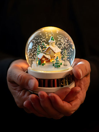 Hands gently holding a snow globe with a miniature winter village scene inside itの素材