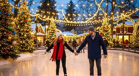 Couple ice skating on an outdoor rink surrounded by christmas trees and festive lightsの素材