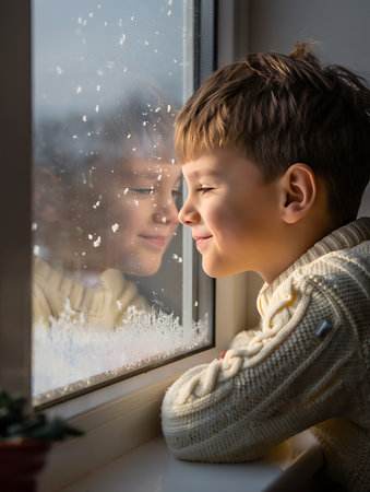 Young boy gazes out a frosty window dreaming of winter wonderland adventures outsideの素材