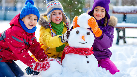 Happy children building a snowman together in winter snow during a fun outdoor dayの素材