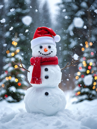 Festive snowman wearing a santa hat and scarf stands in a snowy winter wonderlandの素材