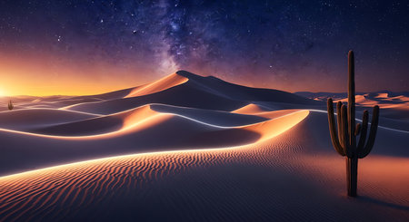 Desert landscape with cactus silhouette against a vibrant sunset and starry night skyの素材