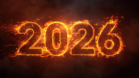 Fiery 2026 numerals blaze against a dark backdrop symbolizing a hot new year aheadの素材