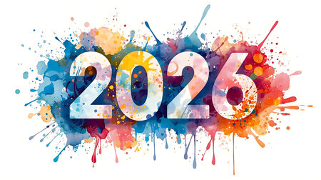 Colorful watercolor splashes create a vibrant backdrop for the year 2026 celebrationの素材