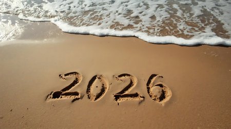 Year 2026 is written in the sand on a beach with ocean waves washing ashoreの素材