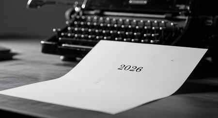 Vintage typewriter with paper showing the year 2026 in a classic black and white styleの素材