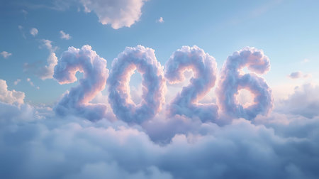 Fluffy clouds form the year 2026 in a serene blue sky at golden hour lightの素材