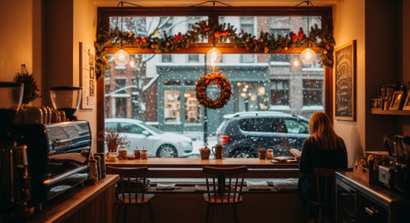 Woman reads in cozy cafe during winter snowfall with christmas decorations viewの素材