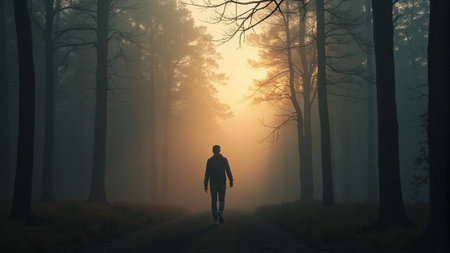 Man walking alone through a misty forest path at sunrise creating a peaceful sceneの素材