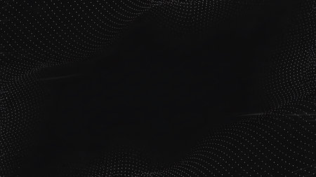 Abstract dark background featuring glowing white dots forming a subtle wave pattern across the black voidの素材