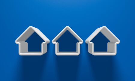 3D Illustration - 3 White house silhouettes with light above on blue backgroundの写真素材