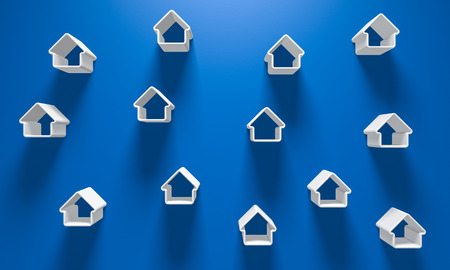 3D Illustration - Blue Background with a few white house silhouettes with light aboveの写真素材