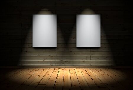 3D Illustration - 2 canvas with Spotlights and wood floor backgroundの写真素材