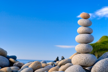 Round stones for meditation laying on seacoast
