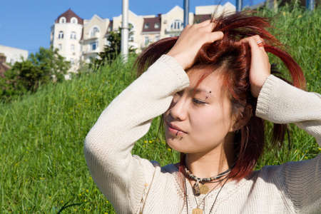 Teenager relaxing outdoors の写真素材