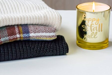 Happy Fall Y'all Gold Candle with Sweater Stackの写真素材