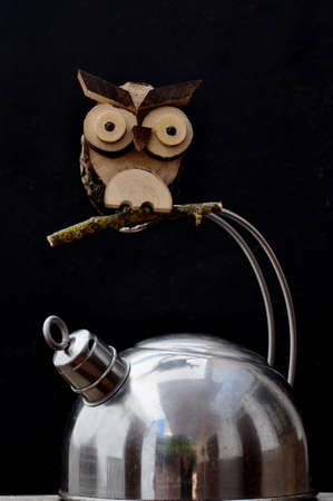Kettle and wooden owlの写真素材