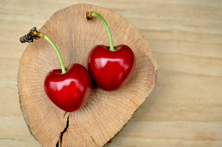 fresh cherries on a slice of oakの写真素材