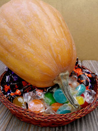 pumpkin and candies for halloween nightの写真素材
