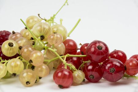 raspberries and red and white currants in studio shot on white backgroundの写真素材