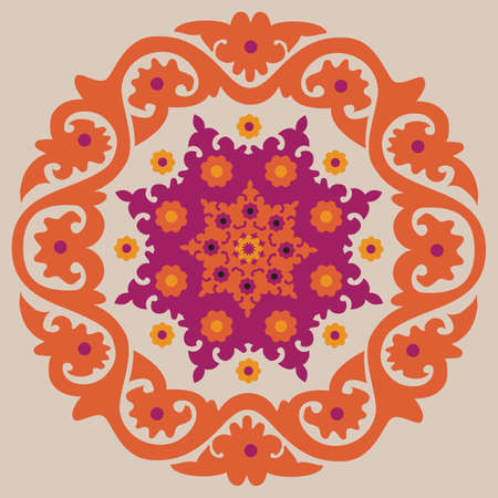 Bright circular ornament medallion Orange, Burgundy, Off whiteのイラスト素材
