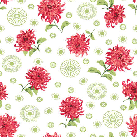 Red and green Asian Mums. Stylized Chrysanthemum designのイラスト素材
