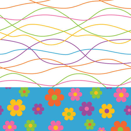 Neo Hippie multi color wavy floral border seamless designのイラスト素材
