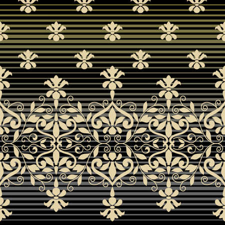 Damask border with foulard on ombre stripe field, seamless, victorian, greekのイラスト素材
