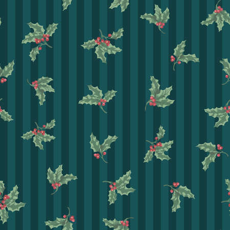 Hollies on a stripe background allover repeat designのイラスト素材
