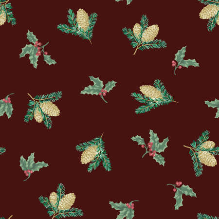 Hollies and pine cones background allover repeat designのイラスト素材