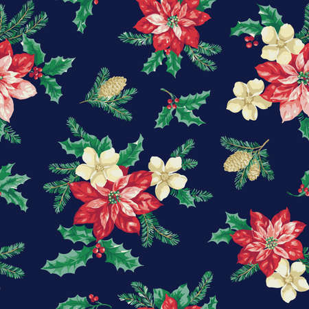 poinsettia frangipani and pine bouquet all over designのイラスト素材