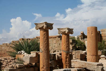 the ruins of ancient roman leptis magna in libyaの写真素材