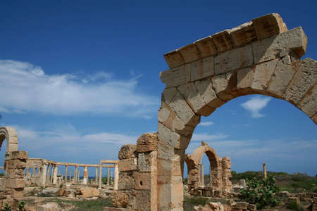 The ruins of ancient roman Leptis Magna in Libyaの写真素材