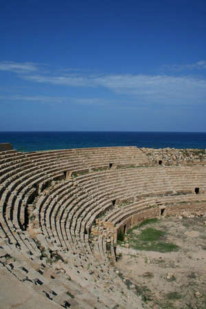 The ruins of ancient roman amphi-theatre in Leptis Magna in Libyaの写真素材