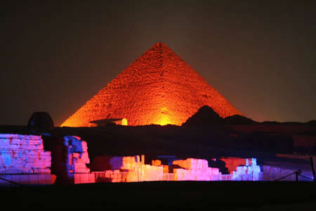 pyramids of giza at night の写真素材