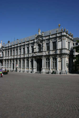 historic buildings at maket square in Brugge, Belgiumの写真素材