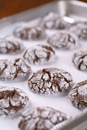 Chocolate crinkle cookies baked fresh sprinkled with powdered sugarの写真素材