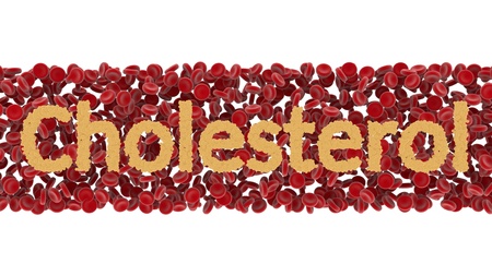 Cholesterol yellow cells on blood red cells. Isolated 3d renderingの写真素材