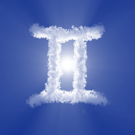 Gemini cloud Zodiac sign with volume light on blue sky and sun. 3d illustrationの写真素材