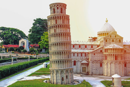 Leaning Tower model of Pisa replica with sunriseの写真素材