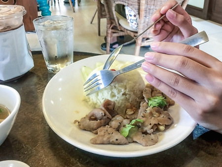 Garlic pork rice in a restaurantの写真素材